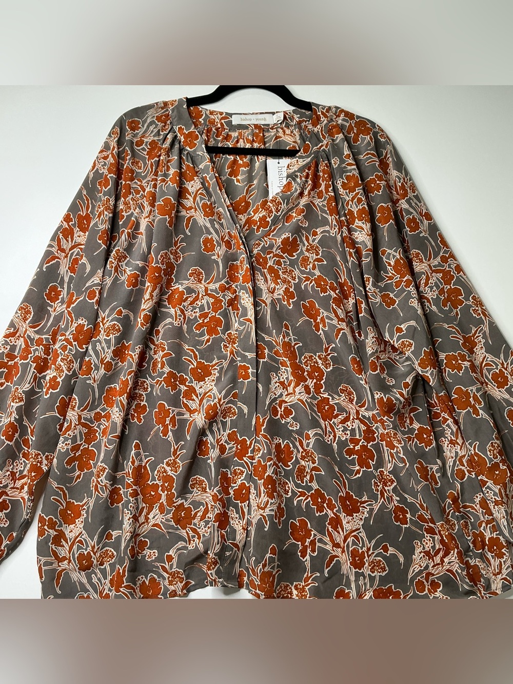 Bishop & Young Flowy Long Sleeve Blouse Bohemian Floral Burnt Orange 1X NEW